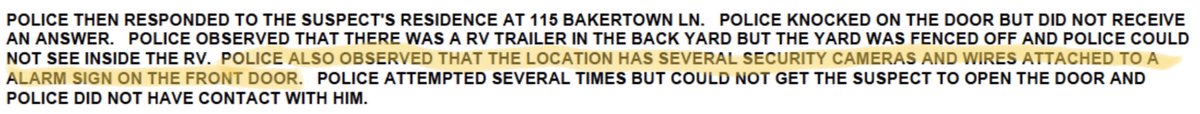 Wouldn’t you know it? When officers arrived at Warner’s home, *there was an RV in the backyard.*But that wasn’t all they saw. There also were “several security cameras and wires attached to an alarm sign on the front door.” 5/x