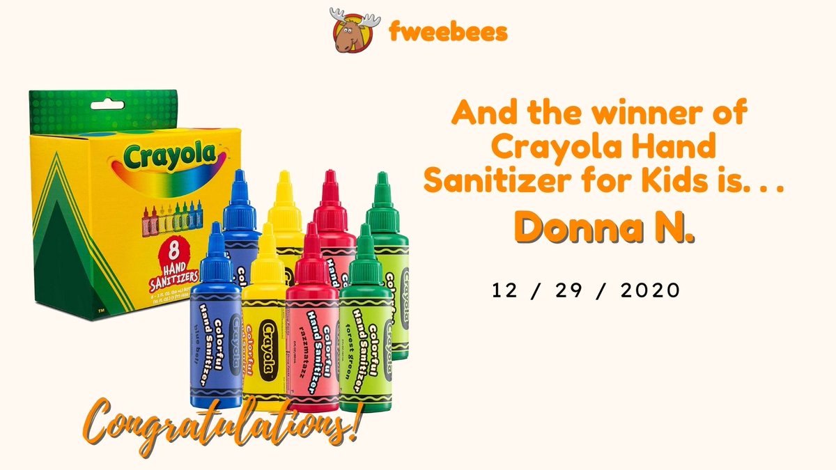 fweebees's tweet image. And the winner of yesterday's fweebee - Crayola Hand Sanitizer for Kids is...
Donna N.
Congratulations Donna! We'll be in touch to ship your prize out.