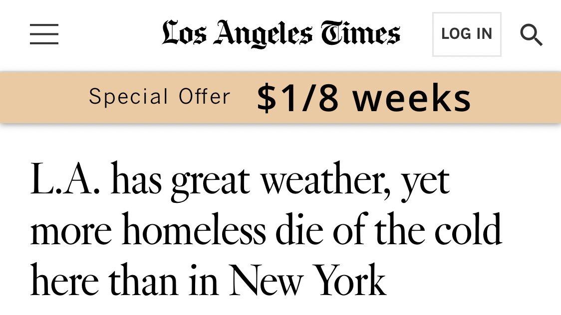 More unhoused people die of hypothermia in Los Angeles than in New York. 

Where are local elected officials? Are they working to ensure people aren’t freezing to death on the streets of L.A.? No. An utter failure of leadership that will result in the loss of human life.