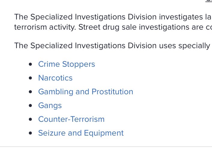 This was the right call, as SID handles “Counter-Terrorism,” according to MNPD’s website.It also handles, um, “large scale” gambling, prostitution, seizures, crime stoppers, gangs, and — you guessed it — NARCOTICS cases.One thing on this list is not like the others.8/x