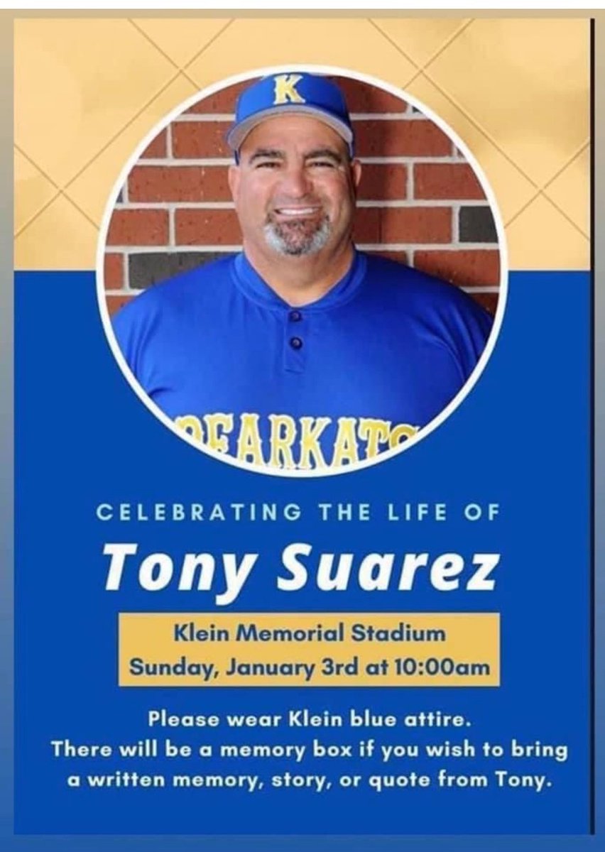 Celebration of life for <a href="/KleinHSBaseball/">Klein Baseball</a> Coach Suarez.
<a href="/HTXAreaBaseball/">Greater Houston Baseball Coaches Association</a>
