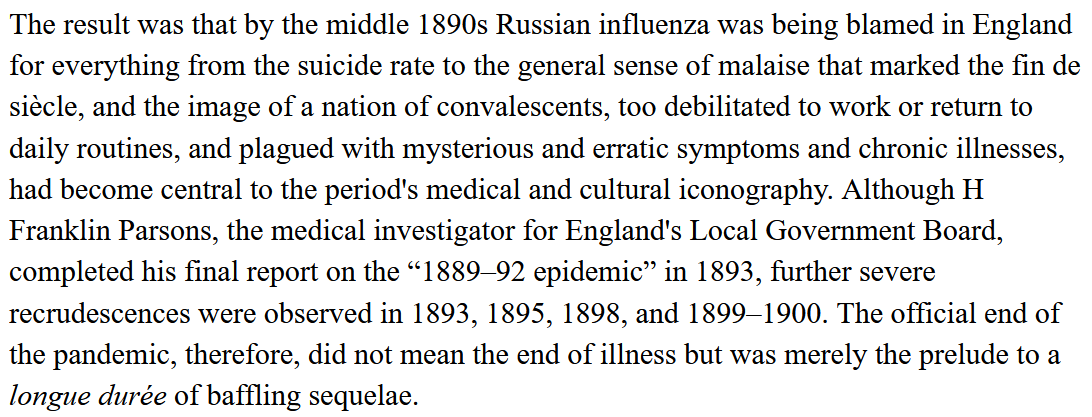 The 1889-1890 RFP demonstrated a unique pattern, whereby sick patients & recovered patients were demonstrating more nervous system impacts than typical influenza outbreaks. Post-viral fatigue was also alarmingly profound by all counts, in ways eerily similar to  #longcovid. (2/n)