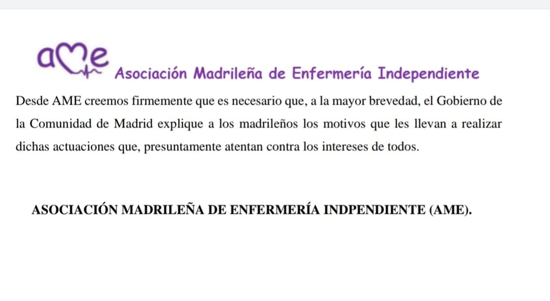 Las enfermeras de <a href="/madrid_ame/">A. M. E.</a> denunciamos que <a href="/IdiazAyuso/">Isabel Díaz Ayuso</a> e <a href="/ignacioaguado/">Ignacio Aguado</a> aprovechan el Covid19 para acabar con la concurrencia pública de empresas en los contratos adjudicados por la Consejería de Sanidad. <a href="/pardodevera/">.</a> <a href="/Casal/">Javier Casal</a> <a href="/ActaSanitaria/">Acta Sanitaria</a> <a href="/AuditaSanidad/">Audita Sanidad</a> <a href="/MesaDefensaSani/">ⓂEDSAP #MareaBlanca</a>