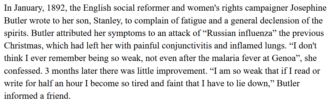 The 1889-1890 RFP demonstrated a unique pattern, whereby sick patients & recovered patients were demonstrating more nervous system impacts than typical influenza outbreaks. Post-viral fatigue was also alarmingly profound by all counts, in ways eerily similar to  #longcovid. (2/n)
