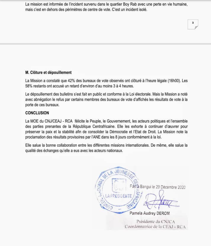 Déclaration Préliminaire de la Mission d’observation électorale du CNJ/CEAJ-RCA pour l’élection groupées du 27 décembre.