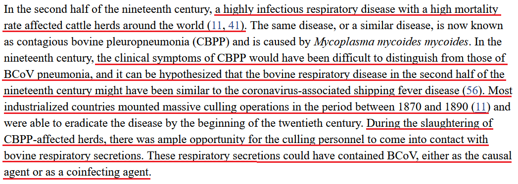 More interesting yet, is that there had been a highly infectious disease spreading through cattle herds globally between 1870-1890 that resembled a coronavirus-related respiratory disease. Massive culling operations eliminated the infected cattle, but also exposed humans to (4/n)