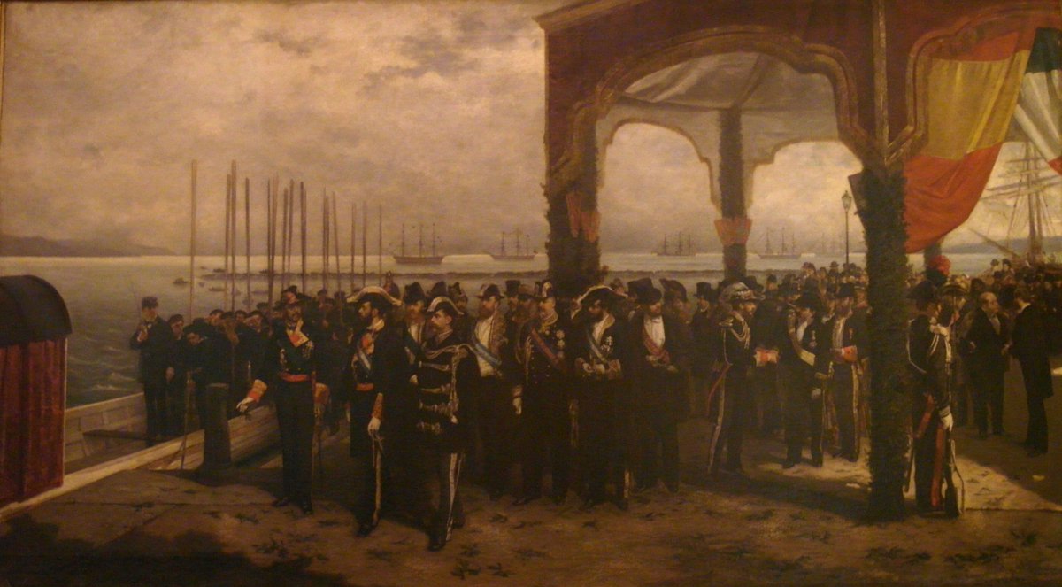 DonJuanDAustria's tweet photo. Hoy en 1870, mientras Juan Prim fallecía tras el atentado perpetrado 3 días antes, llegaba a Cartagena Amadeo de Saboya para tomar posesión como Rey de España. 

Amadeo embarcando rumbo a España desde el puerto de La Spezia https://t.co/mDope43rU2