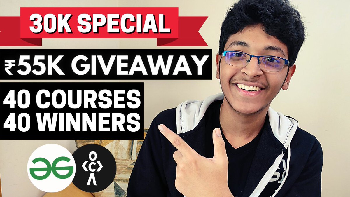 30K Subs Special Giveaway: 30 GFG DSA Foundation Courses + 10 codedamn Leet Subscriptions🔥

Watch this to Participate: youtu.be/_NTVFwIWTq0

Retweet to win!

#NewYearGiveaway #30KSpecial #coding #giveaway #IshanGiveaway