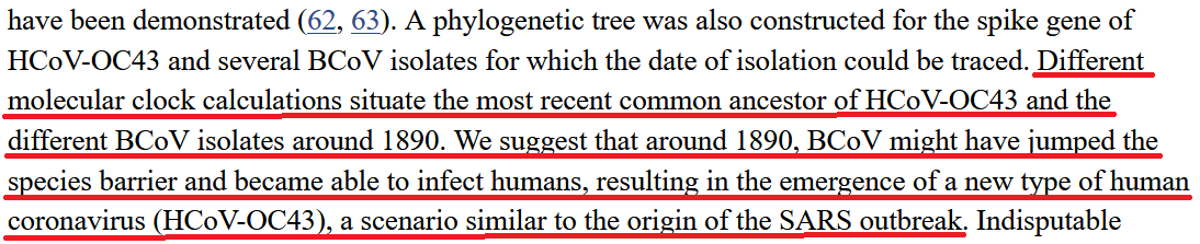 Interestingly enough, a human-specific coronavirus, HCoV-OC43 was estimated via molecular dating to have emerged around 1890 (temporally coincident with RFP), evolving from a common ancestor with the bovine coronavirus, BCoV. (3/n)