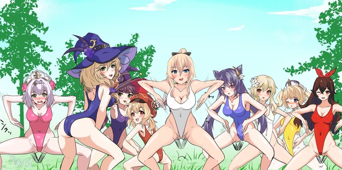 ついに原神もランク30になって念願の初星5キャラも引けましたー_(:3」z)_その記念に集合ハイグレ絵も 