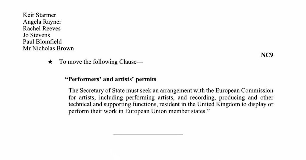  MUSIC THREAD: despite today in the Commons being very frustrating and there being no time to debate amendments,  @UKLabour have tabled this >>We need to make sure musicians, performers and their crews can tour.
