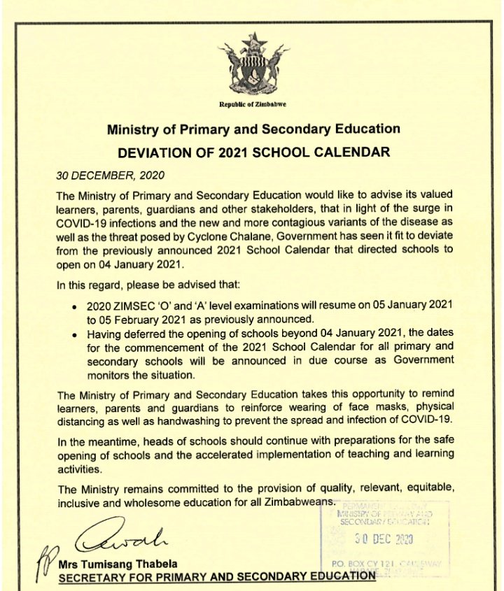 NewsDayZimbabwe's tweet photo. #BREAKING 
@MoPSEZim postpones Primary and Secondary School calender indefinitely. 2020 #Zimsec 'O' &amp; 'A' level examinations to resume on the 5th of Jan 2021 to 05 February 2021 as previously advised. #COVID19
#WearMaskProtectLife
 #KeepSchoolsClosed  
 #WashYourHands https://t.co/lucLQVP2dV