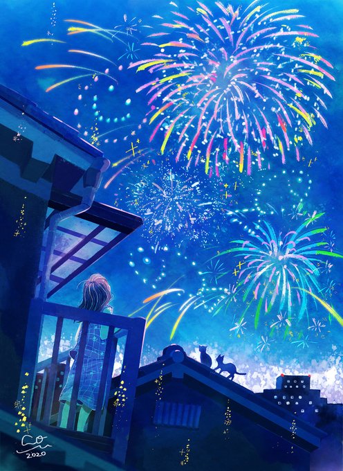 「aerial fireworks from behind」 illustration images(Latest)