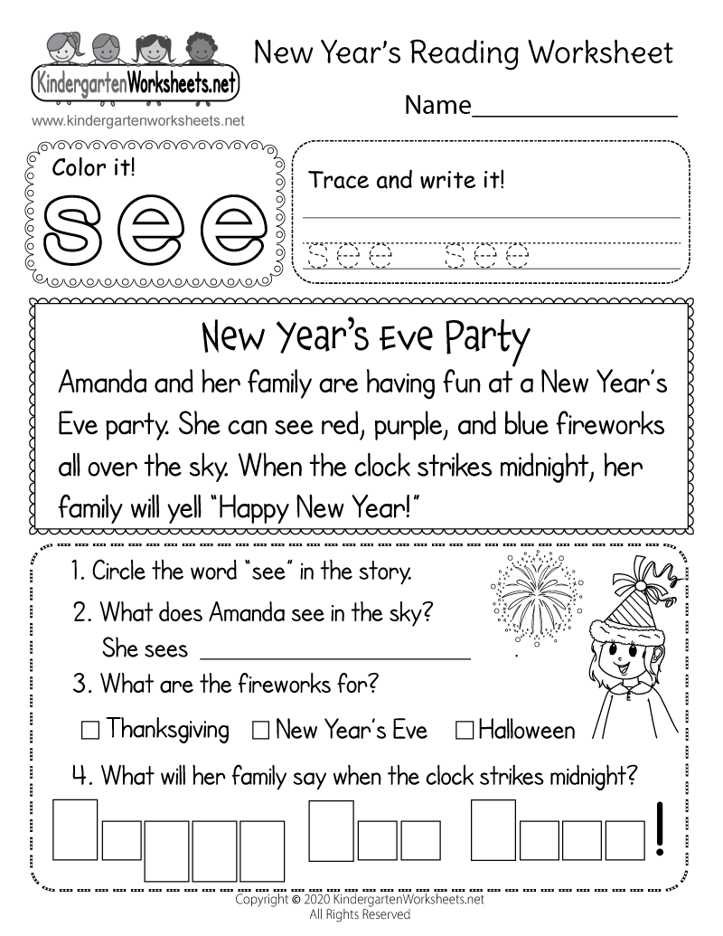 Kindergarten WSheets on Twitter: "In this free printable worksheet,  students can read a short paragraph about a New Year's Eve party and then  answer a few questions about what they have just