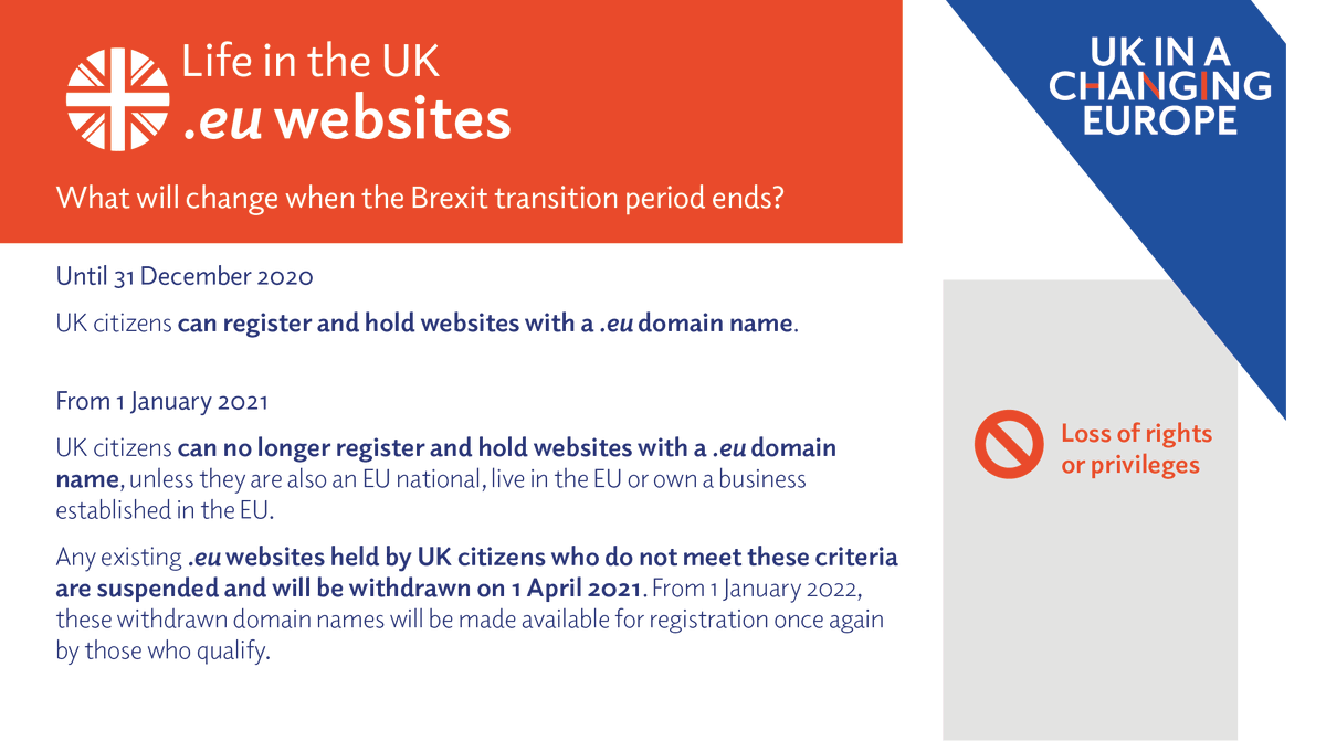 UKandEU's tweet photo. If you're a British citizen with a .eu website,💻 it will be suspended from 1 January, unless you are also an EU national, live in the EU or own an EU business and have registered with the EU regulator. 👇👇

#BrexitChanges https://t.co/QjE6K8ht7n