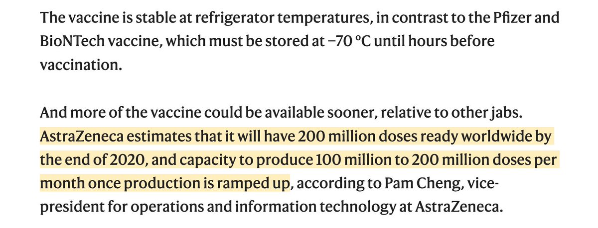 What’s great about this vaccine: • it is stable at refrigerator temperatures• the world has produced many million doses already and can scale up more https://www.nature.com/articles/d41586-020-03326-w