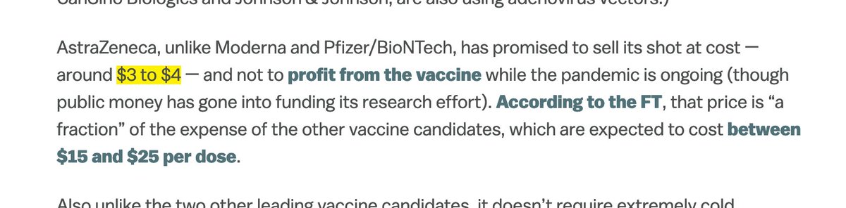 • And the Oxford vaccine is very, very cheap.(Given how valuable they are all vaccines are very cheap, but $3-$4 is incredibly cheap really.)[source  https://www.vox.com/21590994/oxford-vaccine-results-covid-19-astrazeneca-trial-pfizer-moderna]