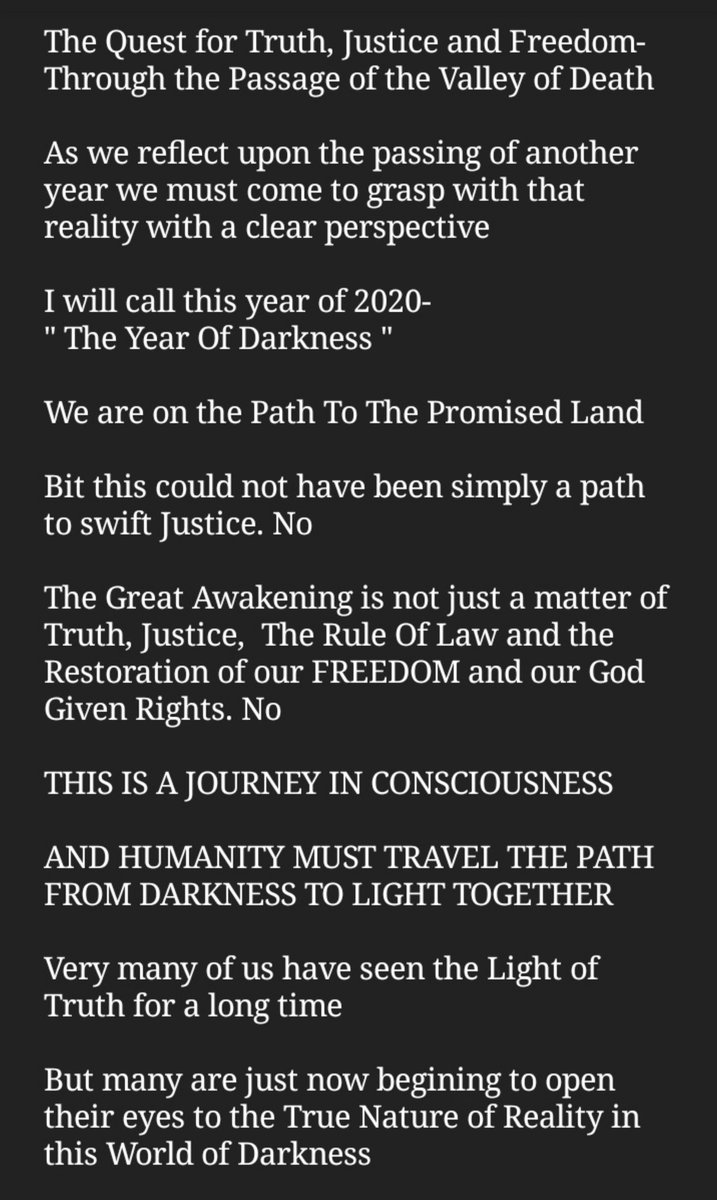 The Quest for Truth, Justice and Freedom- Through the Passage of the Valley of DeathAs we reflect upon the passing of another year we must come to grasp with that reality with a clear perspective2020- " The Year Of Darkness "We are on the Path To The Promised Land