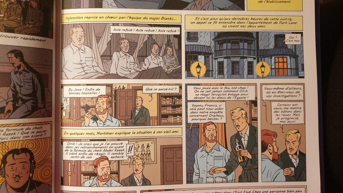 ThibautDary's tweet photo. Passage intrigant dans #LeCriduMoloch où "aux dernières heures de la nuit", réveillés par un appel téléphonique, Blake et Mortimer en pyjamas se servent machinalement ...un whisky ! (p.9) Drôle de petit-déjeuner ! #BlakeetMortimer #WhiskyAddict @centaurclub https://t.co/ZFMq0HPB9b