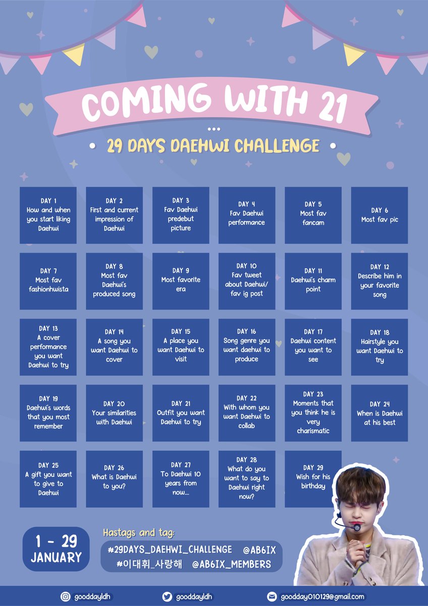 gooddayldh's tweet photo. 𝐂𝐎𝐌𝐈𝐍𝐆 𝐖𝐈𝐓𝐇 𝟐𝟏 🐣

𝐋𝐞𝐞 𝐃𝐚𝐞𝐡𝐰𝐢 𝟐𝟏𝐬𝐭 𝐁𝐢𝐫𝐭𝐡𝐝𝐚𝐲 𝐏𝐫𝐨𝐣𝐞𝐜𝐭 𝐛𝐲 𝐈𝐧𝐝𝐨𝐧𝐞𝐬𝐢𝐚𝐧 𝐟𝐚𝐧𝐬 🌸

We're back to invite you to join 29 Days Challenge with Daehwi
Let's join with us! 🍍

🗓 1 - 29 Jan

#29DAYS_DAEHWI_CHALLENGE #이대휘 #이대휘_사랑해 https://t.co/coZWLmneJT