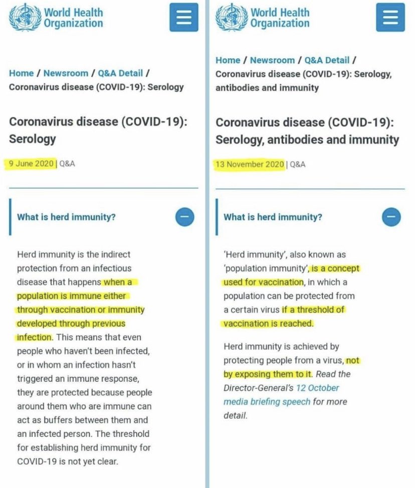 THREAD on WHO & herd immunity:Without explanation, the World Health Organisation  @WHO appears to have *changed* their definition of “herd immunity” from June to November 2020 by explicitly removing “immunity developed through previous infection” to leave only “vaccination”