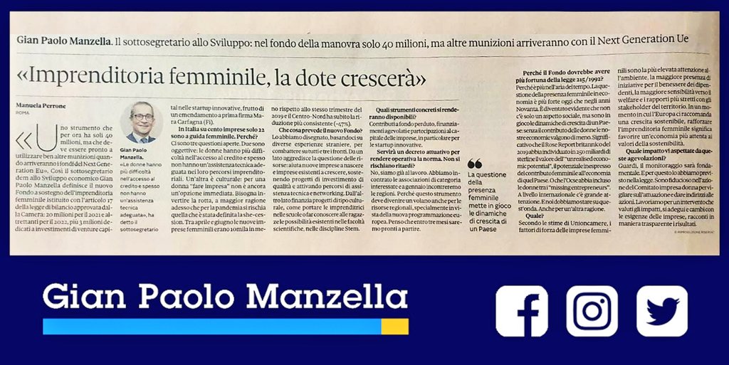 Qualche giorno fa ho parlato con <a href="/ManuelaPerrone/">Manuela Perrone</a> del nuovo Fondo Imprenditoria Femminile, di come funzionerà, del perché è il tempo giusto per sostenere le donne che vogliono 'fare impresa'. Ed ecco l'intervista su <a href="/sole24ore/">IlSole24ORE</a>.
Grazie di questa attenzione, aiuta il nostro lavoro