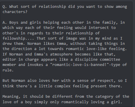 In WSJ issue 14 interview (screencap below), Shirai said "Norman's feeling is different from [only] romantically loving a girl", and in response to Sugita in fanbook, he said "it's best to pick up both [love] and [respect]" to perceive his feeling for Emma.", both statements