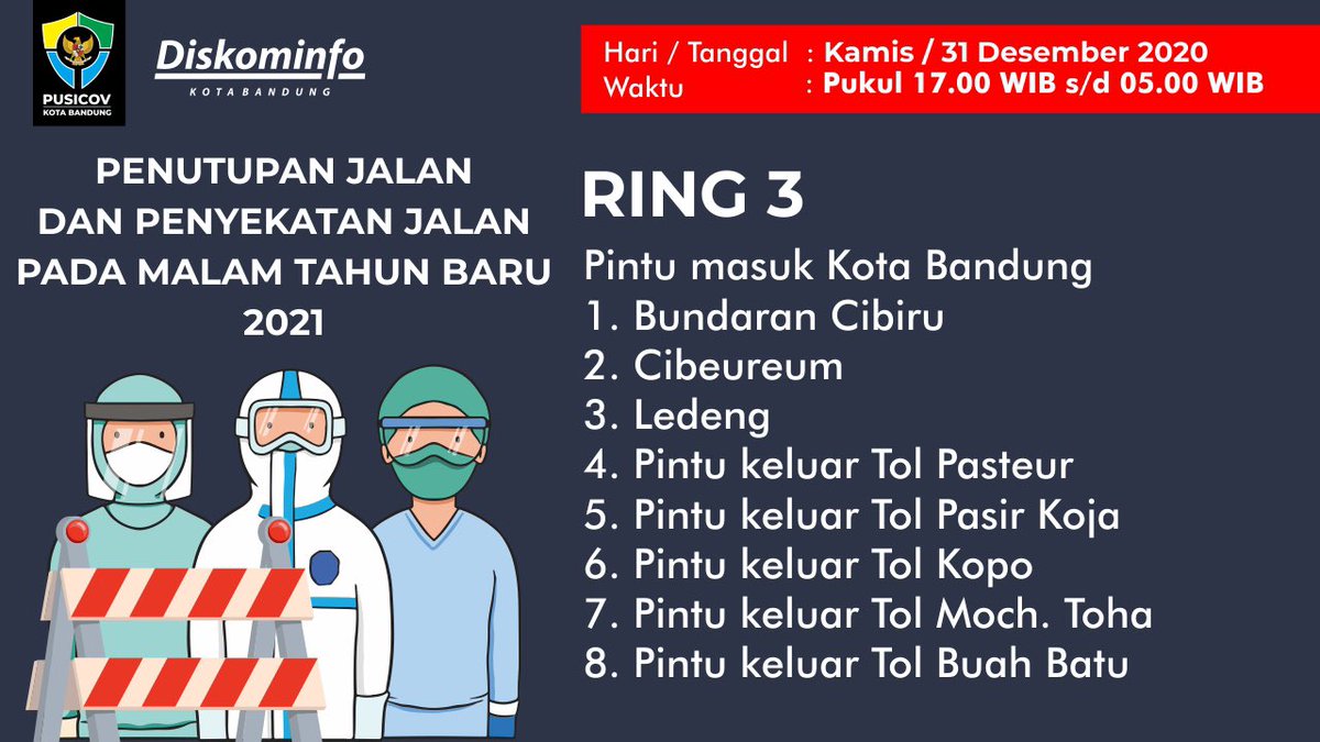 Wargi Bandung, beberapa jalan di Kota Bandung ditutup untuk mencegah potensi kerumunan khususnya di malam Tahun Baru 2021 mulai Kamis, 31 Desember 2020 Berikut ini beberapa ruas jalan yang ditutup

Tetap jaga kesehatan dan selalu terapkan protokol kesehatan dengan 3M 1T