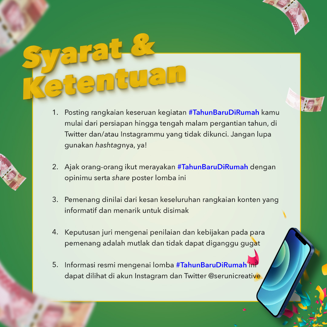 serunicreative's tweet photo. Yuklah kita #TahunBaruDiRumah aja! Karena buat kamu yang share seru-seruan dari rumah, bisa dapat iPhone 12 Mini! 😱

Mimin pengen tapi panitia ga boleh ikutan 😆 https://t.co/14h0sLyzxs