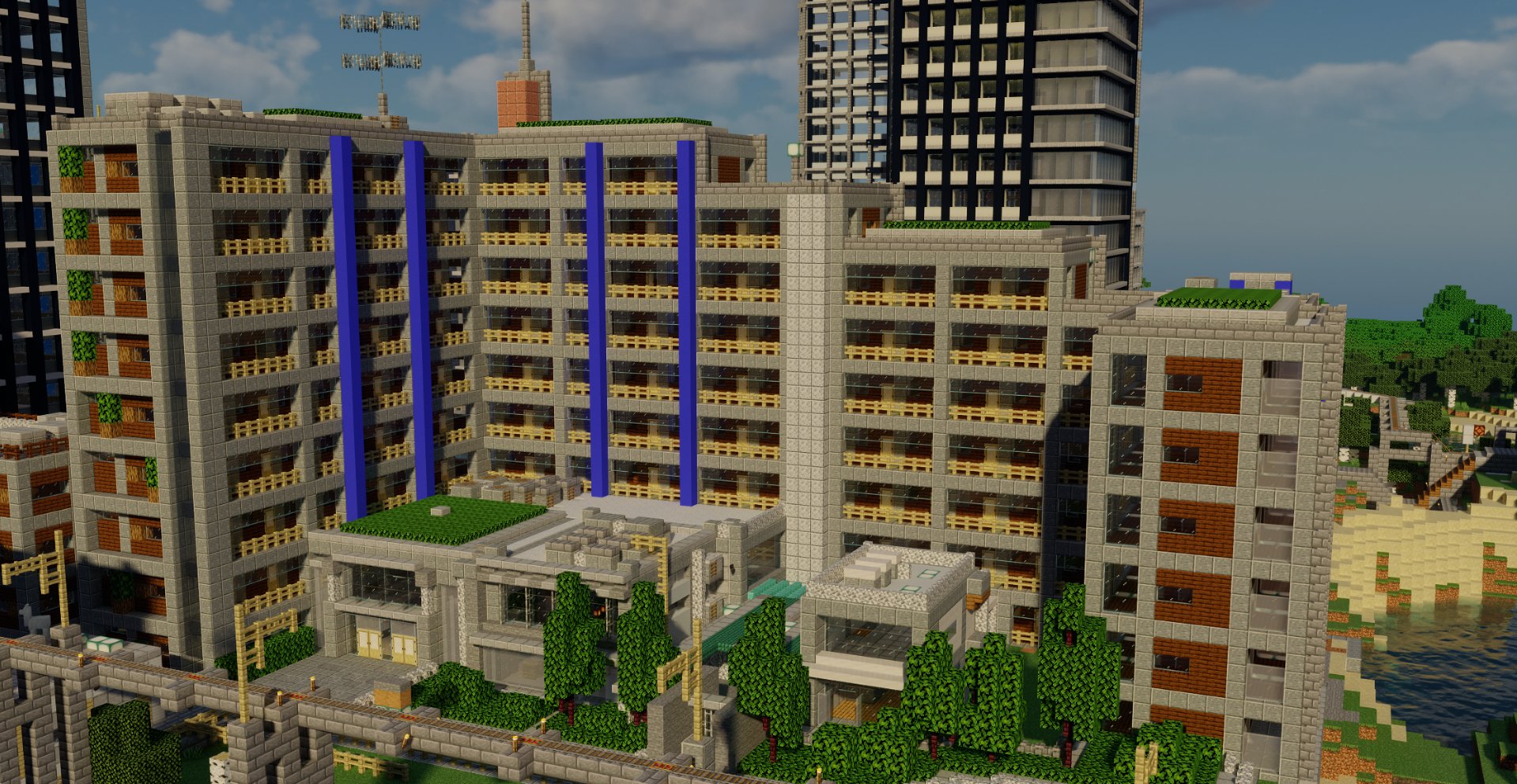 6g Creator W 夜投稿 年内最後の建築 村人マンションを建てました 村人たちがしっかりと住めるように内装もつけてあります 今回はエントランスやカフェなどの共用部を重点的に設計しました 街路樹や緑も多めに装飾してあります Minecraft