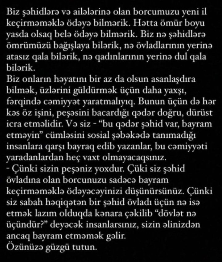 Həmin o insanlardı ki, müharibə vaxtı boykot elədiyi yerlərdən indi woltnan zakaz eliyirlər🤷‍♀️🙃 Gəlin özümüzü aldatmayağ və məsələ daha düzgün, obyektiv yanaşağ. Bizim torpağımızın hər qarışında şəhid qanı var, bunu nə bayram, nə də başqa bir şey yaddan çıxardıb dəyişdirə bilməz.
