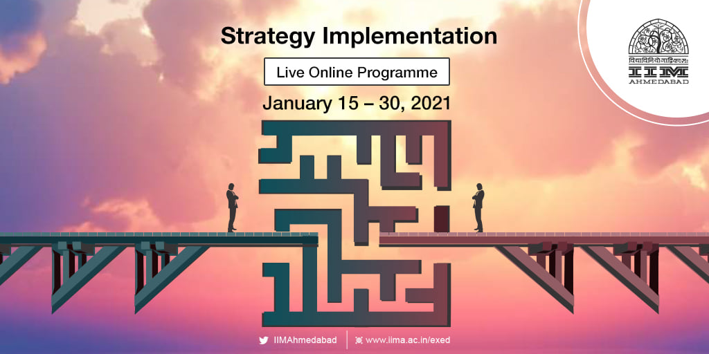 IIMAhmedabad's tweet image. Join our January programme on Strategy Implementation, chaired by Prof. Sunil Sharma. The programme is scheduled to be held during January 15 – 30, 2021.
To learn more, visit, lnkd.in/eQ2SEum
details.php?id=ODEx
#strategicthinking #strategyimplementation #iima
