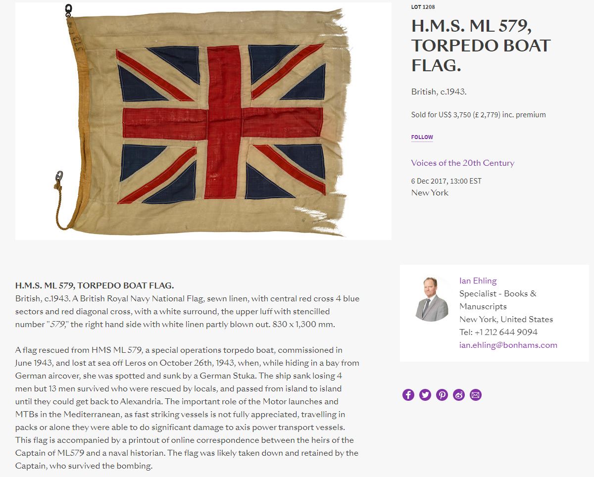 Much less three! Different flag again, although ever so slightly larger (an inexplicable size difference for signalling). Does this smell like complete rubbish yet? Especially given the true circumstances of 579's loss...  https://www.bonhams.com/auctions/24254/lot/1208/?category=list