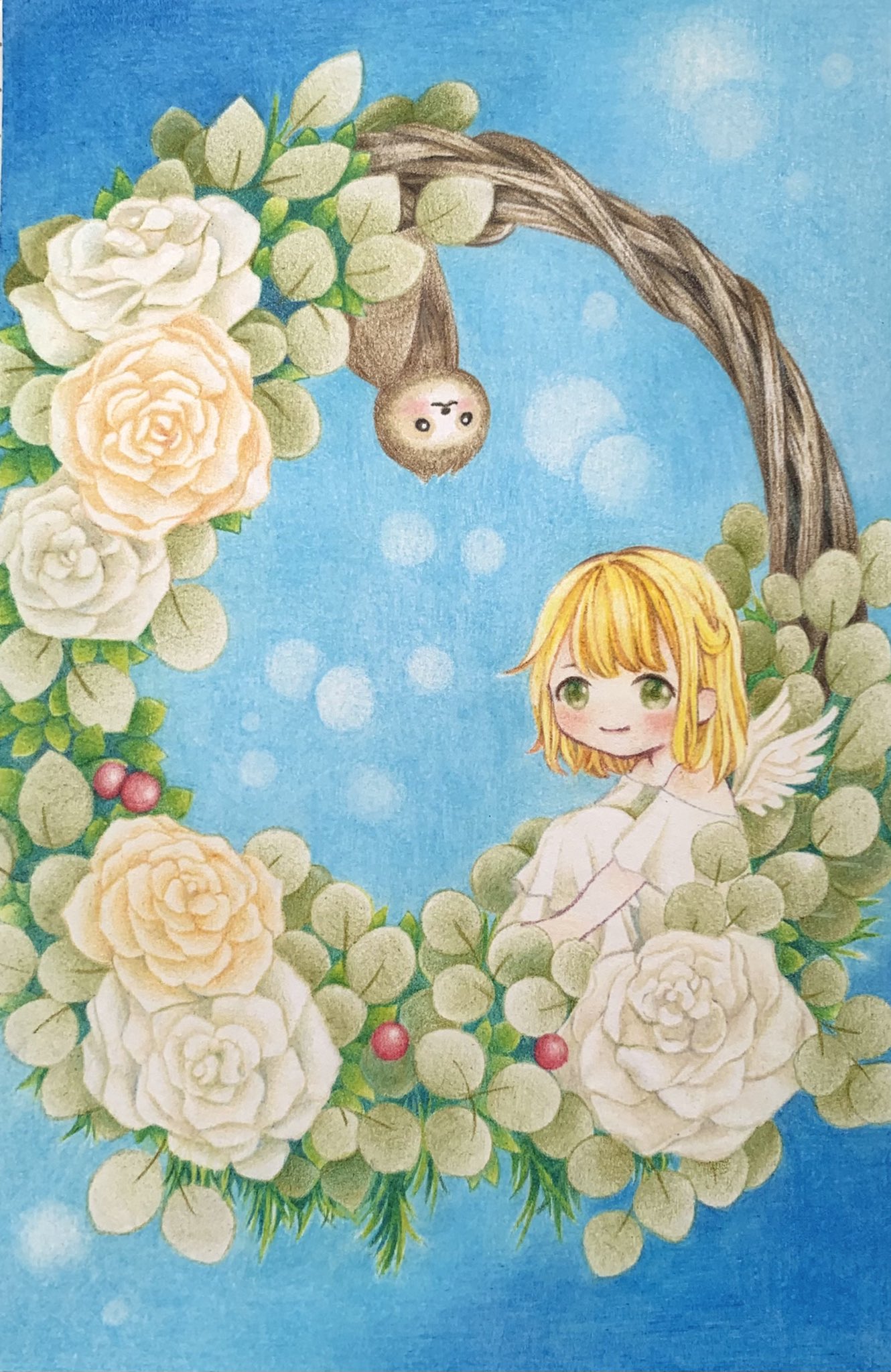かなん 白バラのリース イラスト お絵描き アナログ絵 アナログイラスト 女の子イラスト フラワーリース ナマケモノ 色鉛筆 色鉛筆イラスト イラスト好きな人と繋がりたい T Co Vomsbyay3t Twitter