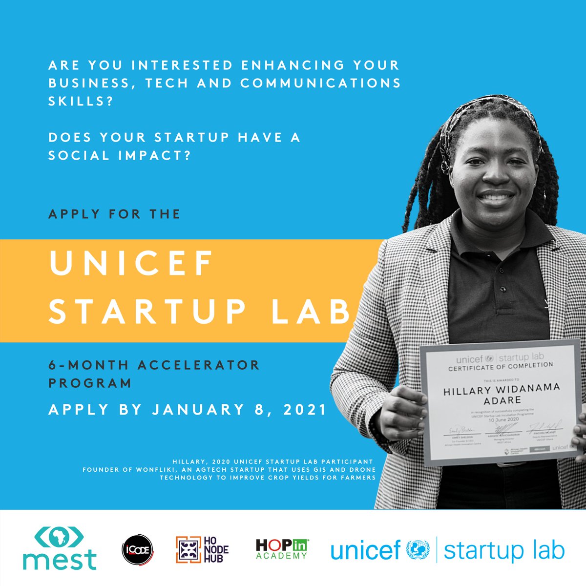 Node Eight (@nodeeight) on Twitter photo Count down to closing date!
Inviting applications for (<a href="/UNICEFStartups/">UNICEF StartUp Lab</a>) 2021 in Ghana!
Are you an innovative #startup driving social impact in your community? If so, apply to join our 6-month #incubation programme before January 8, 2021. Register here - bit.ly/uslcohort2 Count down to closing date!
Inviting applications for (<a href="/UNICEFStartups/">UNICEF StartUp Lab</a>) 2021 in Ghana!
Are you an innovative #startup driving social impact in your community? If so, apply to join our 6-month #incubation programme before January 8, 2021. Register here - bit.ly/uslcohort2
