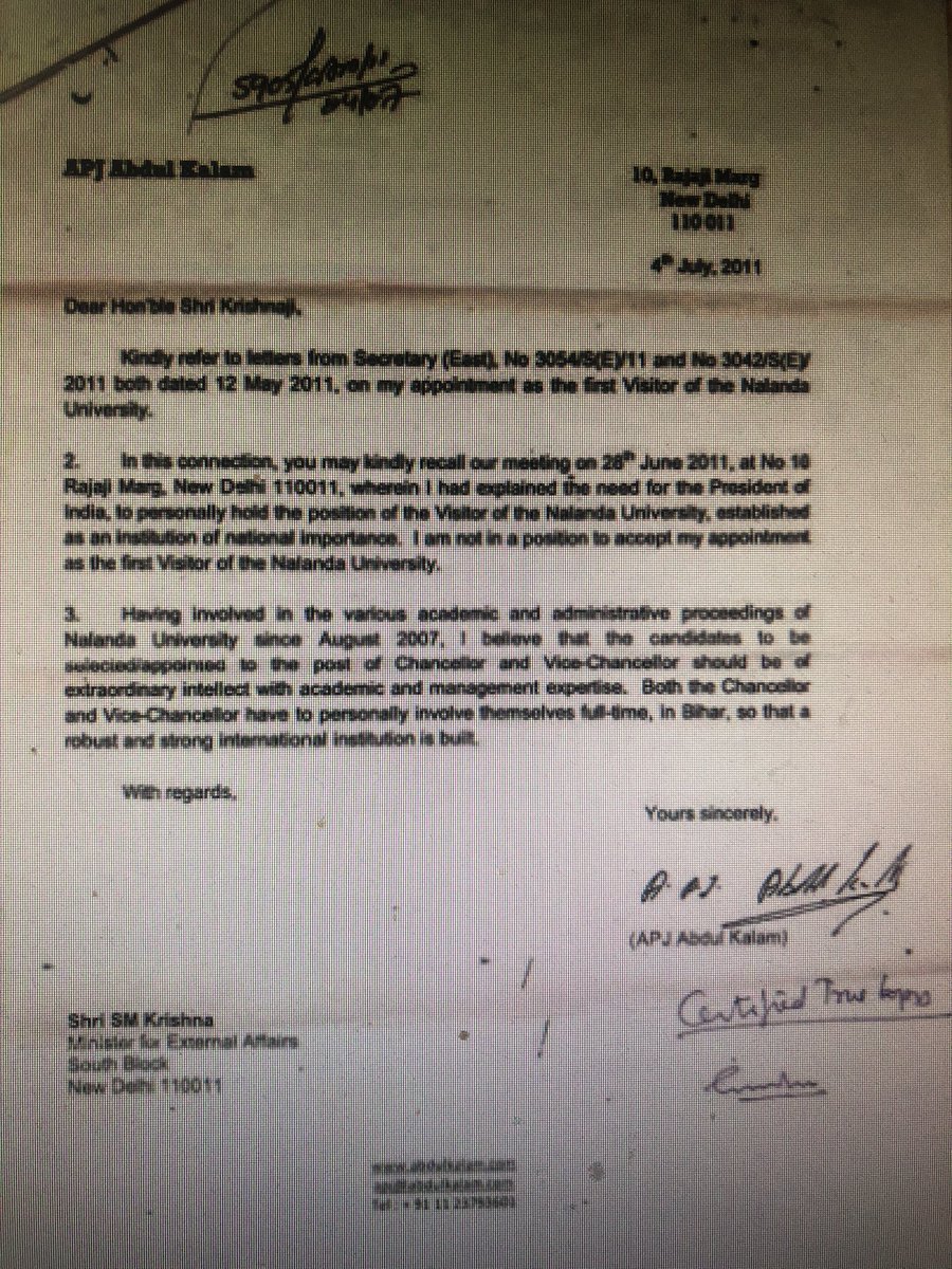 The seed for reviving the Nalanda University was sown by President Kalam, who resigned in disgust but never shared with media why exactly he left NU project. His letter to the EAM SM Krishna (suppressed by MEA, retrieved through an RTI) reveals why: