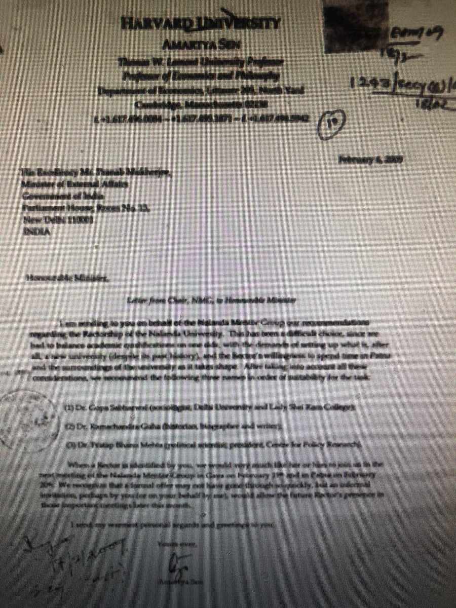 Amartya Sen’s letter to Pranab Mukherjee revealed that it was he who recommended three names for the post of Rector. They were in the order of preferencea) Dr. Gopa Sabharwal b) Dr. Ramchandra Guha and c) Dr. Pratap Bahanu Mehta.