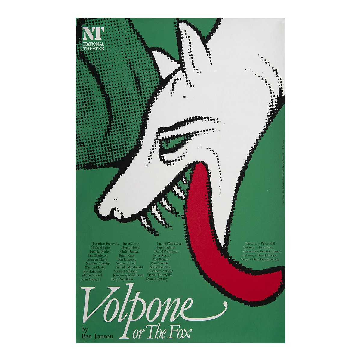 National Theatre poster for the Ben Johnson comedy Volpone or The Fox, 1977. The design by Richard Bird and Michael Mayhew was adapted from an illuminated medieval manuscript showing a fox with sharp teeth and snaking red tongue. Dir. by Peter Hall https://t.co/M6b9E6p1n0