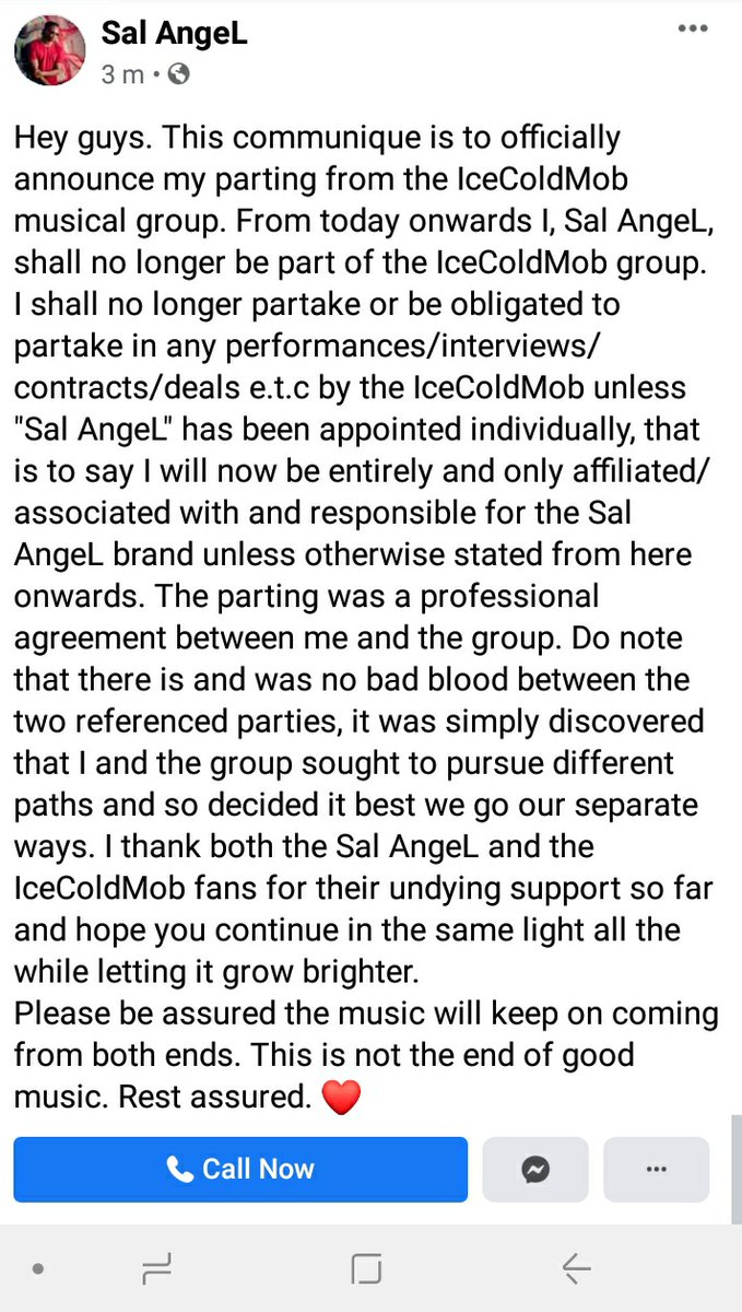 **Public Announcement **

Hey guys,this is to let you guys know that Sal AngeL will no longer be part of the group. As he mentioned there is no bad blood between us and the music  will continue coming from both ends ❤