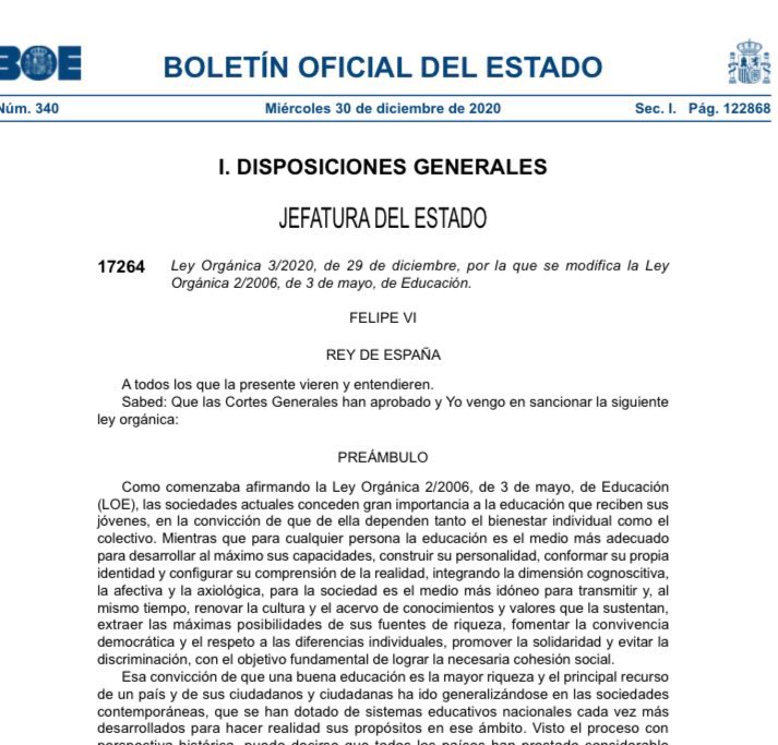 jesusmaestropsp's tweet photo. Publicada en el #BOE la #LOMLOE 

➡️Ley Orgánica 3/2020, de 29 de diciembre, por la que se modifica la Ley Orgánica 2/2006, de 3 de mayo, de Educación.

➡️ https://t.co/nMBuTCXGGw

#inclusión #igualdad #equidad https://t.co/RL1mU8ogQK