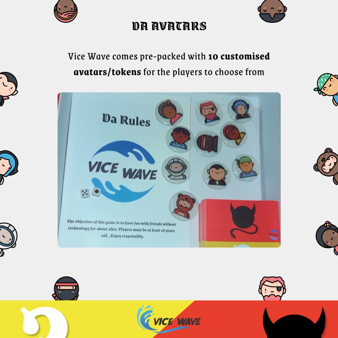 vice_wave's tweet photo. Vice Wave comes prepackaged with 10 customised avatars/tokens for the players to choose to represent their progression on the board. https://t.co/yoMdvb0TaV