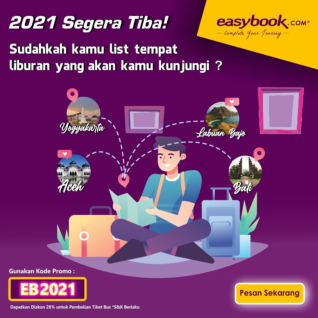 easybook_id's tweet photo. Yuk rencanakan liburanmu di tahun 2021! Pesan dan gunakan kode "EB2021" untuk dapatkan diskon 28% melalui aplikasi easybook. Promo berlaku untuk pembelian tiket bus di rute seluruh Indonesia. 🚌🎉🥳 https://t.co/v53ZE4elmw
