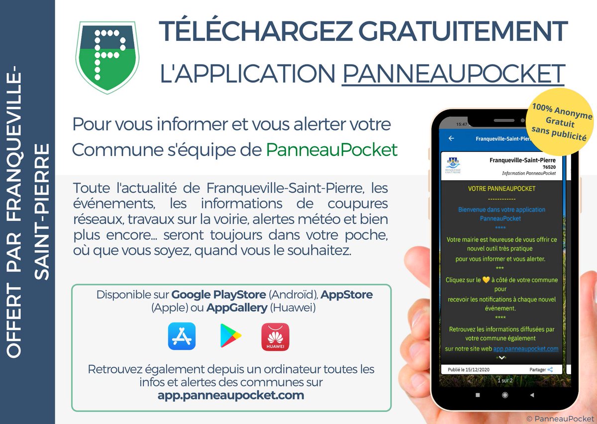 FSP76520's tweet photo. 🔹Soyez, alerté, prévenu, informé en temps réel🔹
La mairie de Franqueville-Saint-Pierre se rapproche de ses habitants grâce à l’application mobile PanneauPocket. https://t.co/yFT6GGswBE