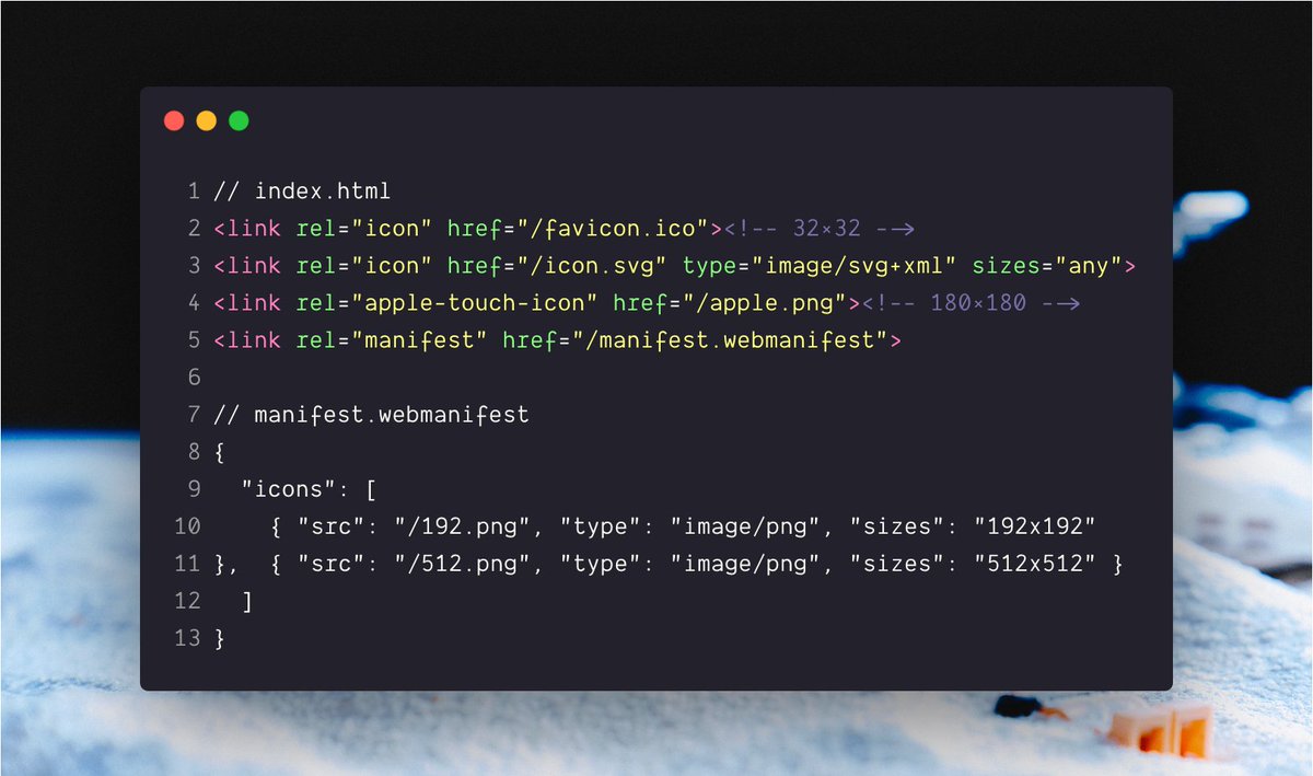 midudev's tweet photo. 🖼️ favicons en la web para 2021:

- favicon.ico · navegadores antiguos 📠
- icon.svg · navegadores modernos 🚀
- apple.png · dispositivos Apple 🍎
- webmanifest · dispositivos Android 🤖

fuente: https://t.co/lrRUZwxLUr https://t.co/dmfEBefT33