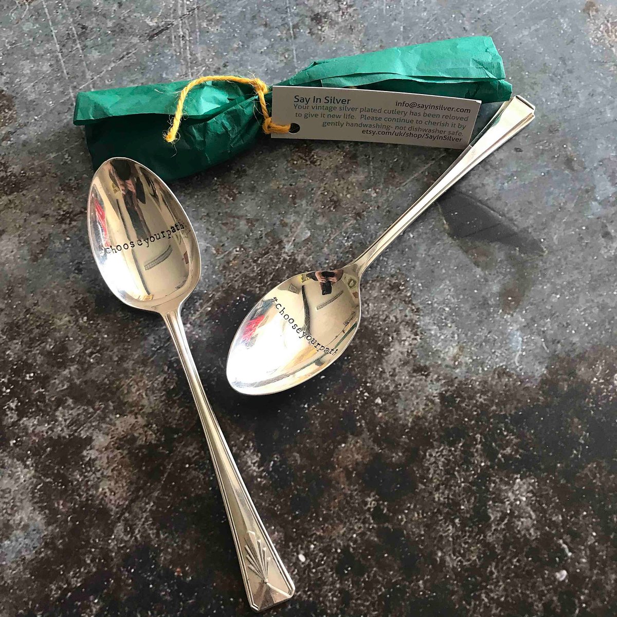 Here’s a competition to win one of ten of these beautiful vintage silver-plated breakfast spoons! Complete with a hand stamped #ChooseYourPath, they've been 're-loved' by  
etsy.com/uk/shop/SayInS…  Check out our Facebook or Instagram page to find out how you can win one...