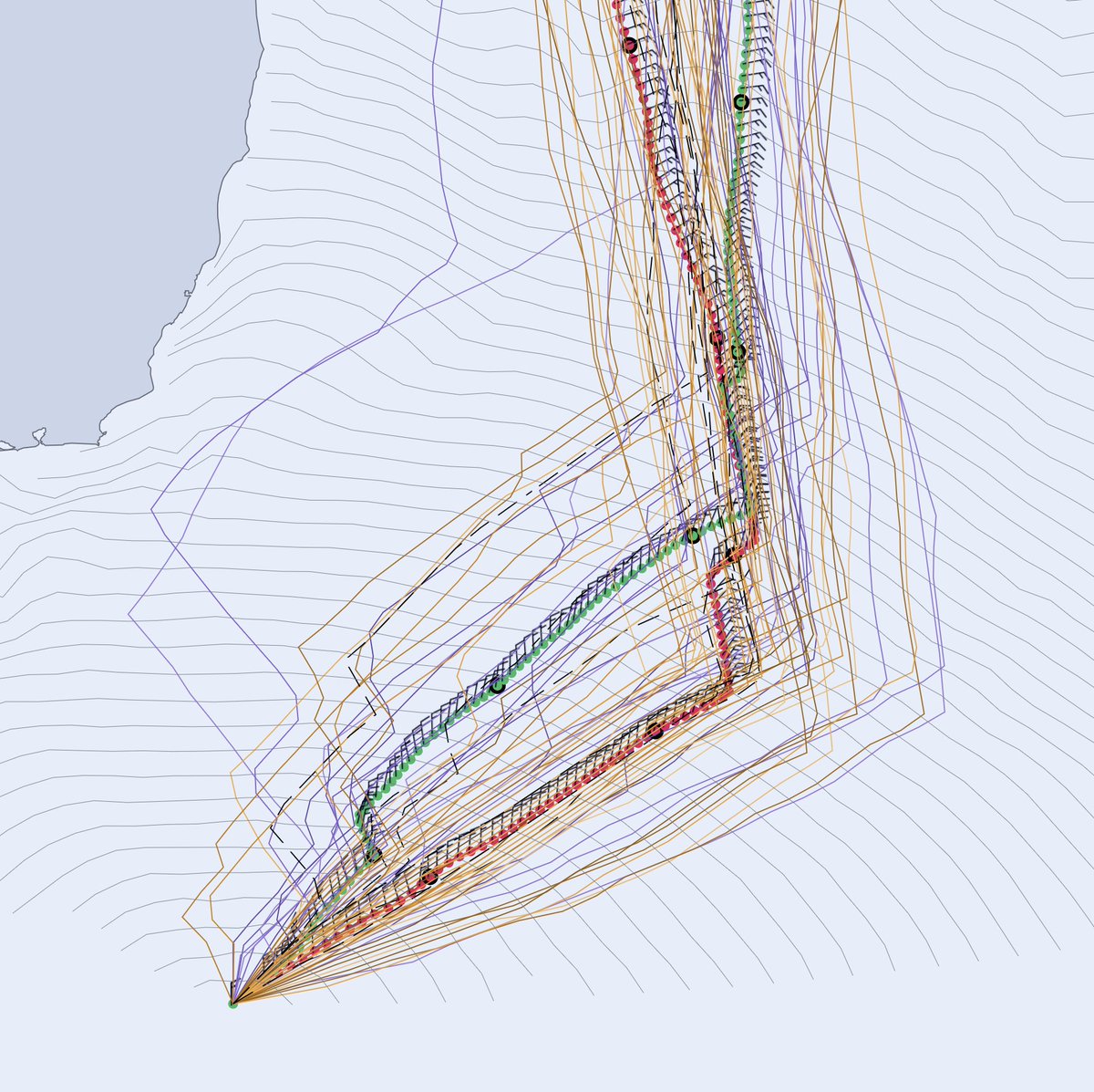 Weather_Routing's tweet image. @VirtualRegatta
Décision difficile pour les leaders. Les routages donnent une route assez Nord, surtout pour le GFS  (GFS=vert ECMWF=rouge). Les routages d&apos;Ensemble donnent pour la grande majorité une route plus à l&apos;Est en allant vite pour chercher a bascule.
Routages DoradoSail