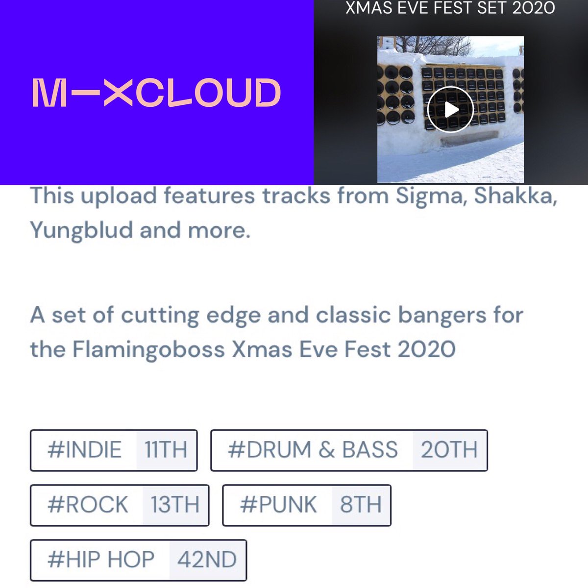 Delight DJ will chuMp's latest mixtape is currently no.8 in the global #Punk chart on Mixcloud!
+ no.11 in #Indie, no.13 in #Rock, no.20 in #DnB &amp; no.42 in #HipHop charts. 
If you've not had a listen yet fill your ears with this: mixcloud.com/willchump/xmas… 
#alternativedj #altmusic