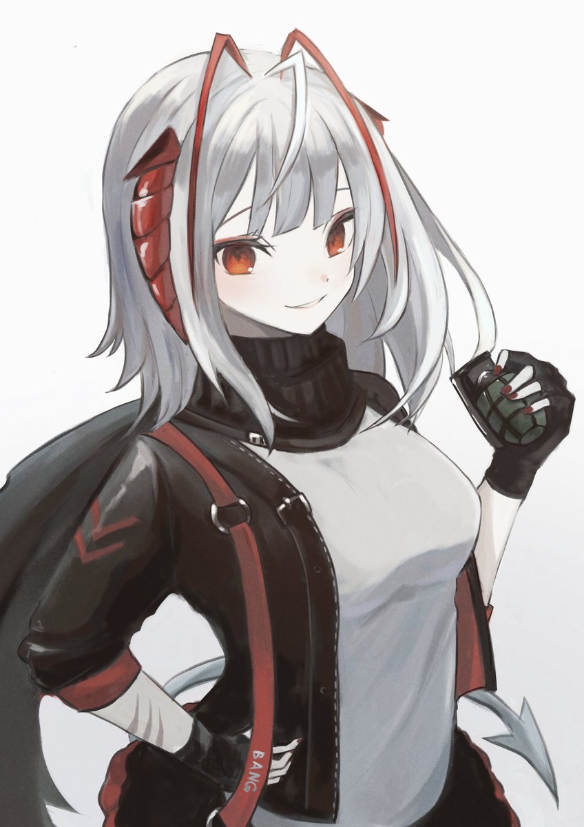 w (arknights) 1girl solo horns jacket gloves fingerless gloves black jacket  illustration images