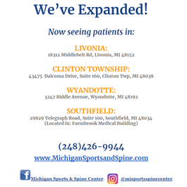 MichSportsSpine's tweet photo. We've EXPANDED! MSSC is now seeing patients from MULTIPLE LOCATIONS to better serve the community during this time. 
Make your appointment today! ACCEPTING NEW PATIENTS. https://t.co/Qp9FiFb3w5 https://t.co/36NzT9lUtW
