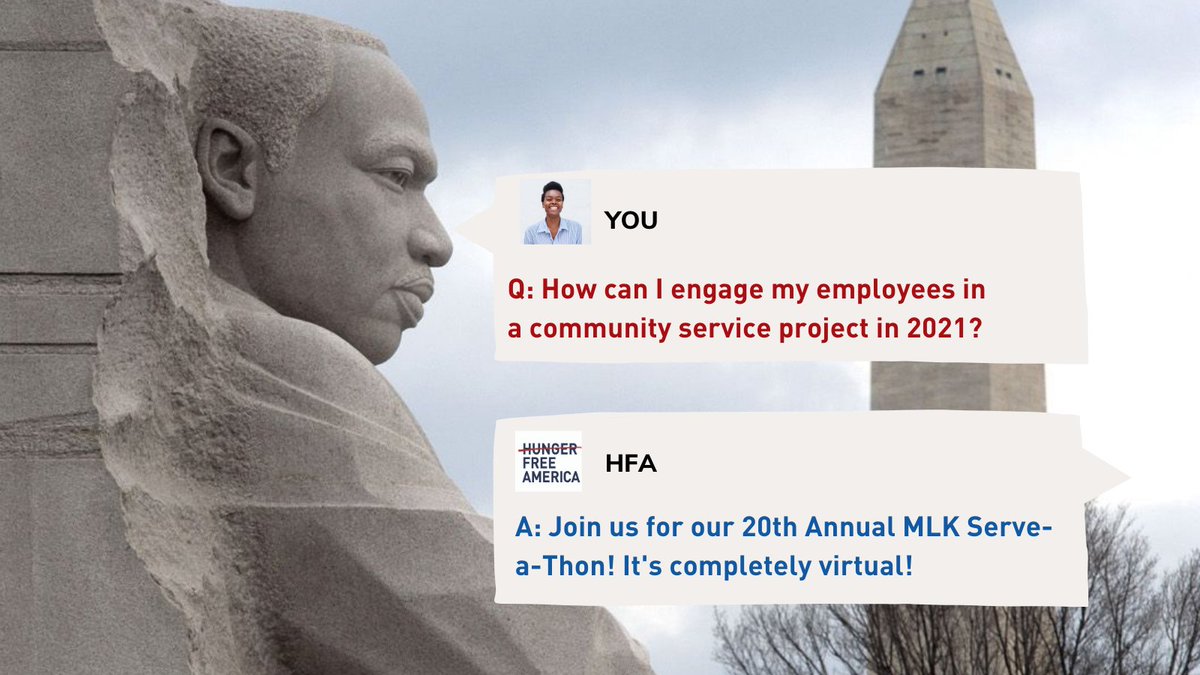 HungerFreeUSA's tweet photo. If you have been searching for a way to rally your employees for a community service project in the new year, look no further!
Join us for our completely virtual MLK Serve-a-Thon on January 18th & 19th
Learn more:
https://t.co/smJYVvsGTI
#MLKDay #MLK #DrKing #HungerVolunteer https://t.co/LH6sr3MFoy